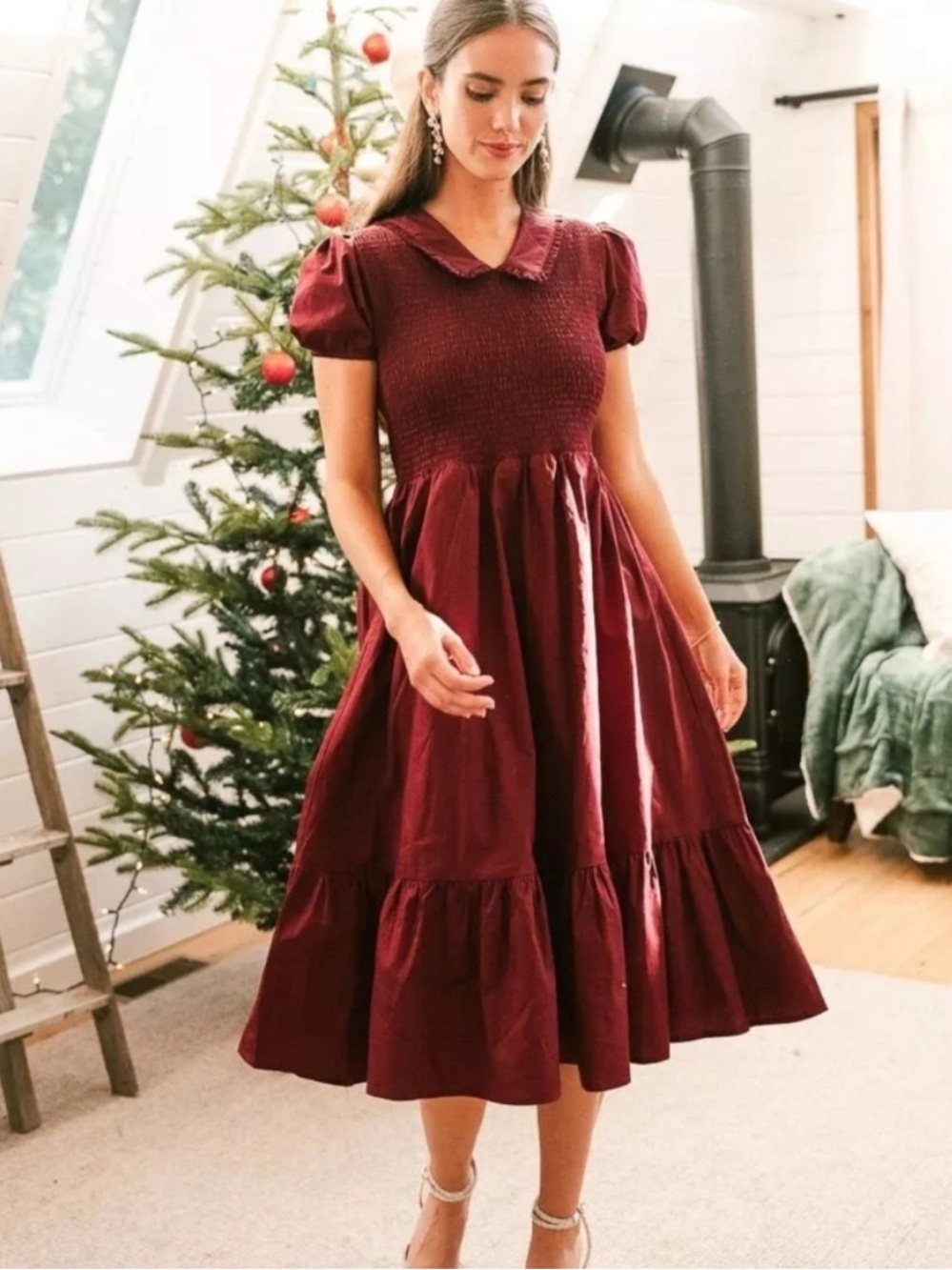 Ivy City Co Wine Red Smocked Addie Dress Size Medium Holiday Christmas NWT